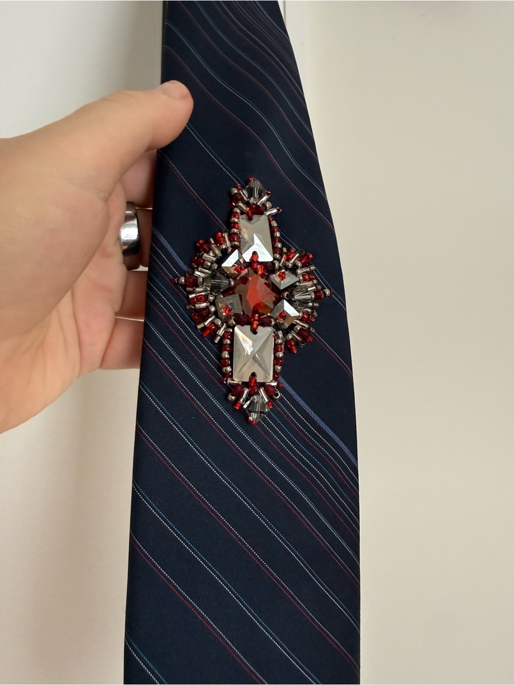 Dior Navy Blue Striped Silk Tie with Jewel Motif - Picture 7 of 8
